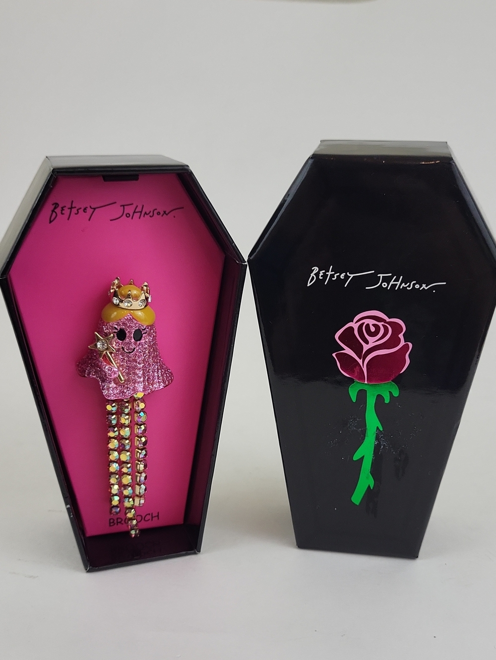 Betsey Johnson Pink Glitter Princess Ghost Brooch with Gold Crown 4”